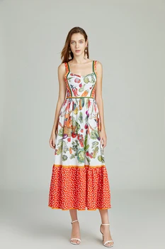 Banulin kilimo ir tūpimo Tako Dizaineris Vasaros Suknelė Moterų V-Kaklo Spageti Dirželis Derliaus Vaisių ir Daržovių Spausdinti Šalis Midi Suknelė
