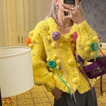 Moterų 3D Gėlių Rankų darbo Nėriniais Megztinis Šiltas Vilnos Megzti Megztinis megztinis