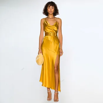 Vasarą Aukso Satino Suknelė Slydimo Sūpynės Kaklo Backless Elegantiškas Šalis Suknelės Moterims 2023 Oficialus Evenning Suknelės