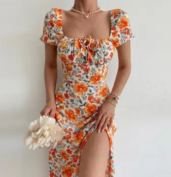 Colofull Moterų Suknelė 2023 Elegantiškas Vienas Žodis Apykaklės Stebėjimo Trumpas Rankovėmis Atspausdintas Vidutinio Ilgio Suknelė Seksualus Aukšto Juosmens Ritininės Suknelė