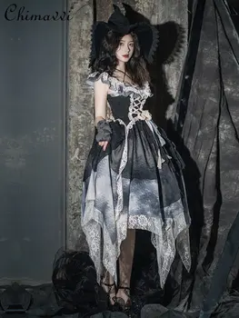 Gotikinio Stiliaus Kostiumas 2023 Pavasario Mados Aukštos Juosmens, Plonas Didelis Sūpynės JSK Suknelė ilgomis Rankovėmis Marškinėliai Slim Elegantiškas Lolita Dviejų dalių Komplektas