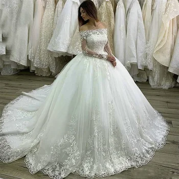 Vestuvių Suknelės, 2022 Nėrinių Aplikacijos Vestuvinės Suknelės pagal Užsakymą Pagaminti Kamuolys Suknelė ilgomis Rankovėmis nuo Peties vestido de novia Princesė