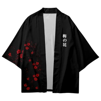Naujas Atvykimo Japonų Stiliaus Slyvų Bossom Spausdinti Tradicinis Juodas Kimono Vyrų Yukata Megztinis Marškinėliai Haori Streetwear Samurajus Viršūnės