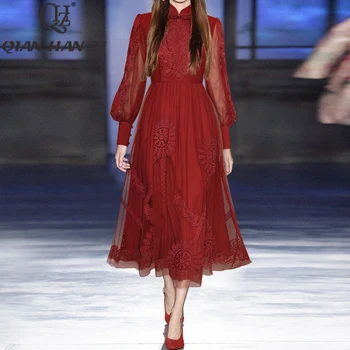 QHZ Pavasario Vasaros Mados Dizaineris Elegantiška Raudona Suknelė moteris Žibintų rankovės Akių Siuvinėti Kinų stiliaus prabangūs Vidutinio ilgio Suknelė