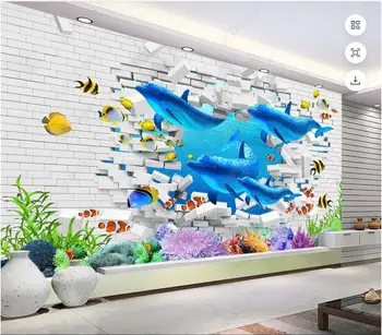 tapetai, foto, 3d custom freskos Plytų siena Jūros delfinų tropinių žuvų, koralų kambarį namų dekoro tapetai sienos 3d