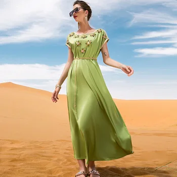 Vintage Suknelė Žalia Siena Satino Sunkiosios Pramonės Vertus Siuvami Diamond trumpomis Rankovėmis Chalatas su Diržu