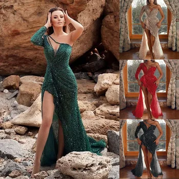 Moterų Sexy China Šalis Suknelės Žalia Raudona Naujausios Konstrukcijos Pakrypęs Apykaklės Vieną Petį Šviečia Aukštas Padalintas Maxi Prom Vakarinę Suknelę