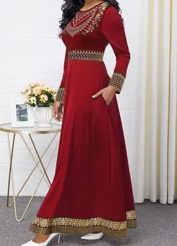 Moterys Rudens Retro Atspausdinta Suknelės Elegantiškas Susiuvimo Apvalios Kaklo Aukštos Juosmens Didelis Sūpynės Moteriška Suknelė Ilgomis Rankovėmis, Ilgas Kelnes