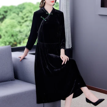 2022 Kinų Stiliaus Juoda Ilgomis Rankovėmis Aksomo Šiltas Midi Suknelė Žiemos Elegantiškas Biuras Kietas Suknelės Rudens Derliaus Atsitiktinis Vestidos