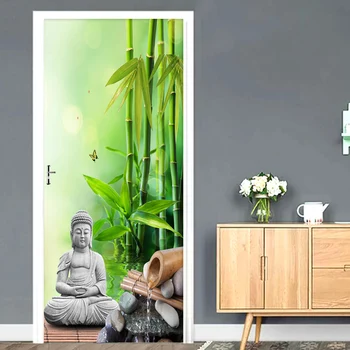 3D Tapetai Anotacija Bambuko Buda Foto tapetų Kambarį Miegamojo Durų Lipdukas Klasikinis Namų Dekoro PVC, atsparus Vandeniui Freskomis