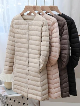 Žiemos Ultra Plonas Šviesos Ančių Pūkų Paltai Moterims Pavasarį Ilgai Slim Šiltas Pagrindinio Quilted Puffer Jacket ED1957
