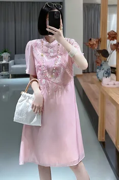 Vasarą Naujų Stovėti Apykaklės Moterų Cheongsam Kinų Stiliaus Siuvinėjimų Elegantiškas Qipao-Line Suknelė S-XXL