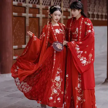 Senovės WeiJin Dinastijos Vestuvių Pasakų Hanfu Suknelė Moteris Vyrai Kinijos Tradicinių Šokių Raudonasis Bijūnas Pora Kimono Cosplay Kostiumai