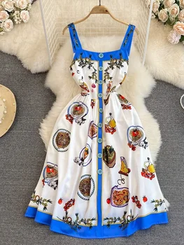 Mados Dizaineris Tako, Vasaros Suknelė Moterų Spageti Dirželis Mygtukai Makaronai Gėlių Spausdinti Elegantiškas Atostogų Šalis Midi Vestidos