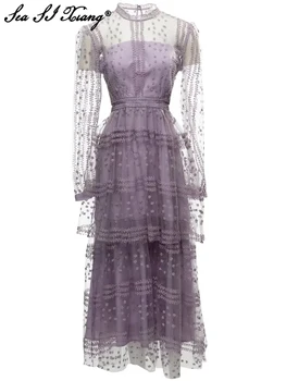 Seasixiang Mados Dizaineris Vasaros Moterų Tinklinio Suknelė O-Kaklo, Ilgomis Rankovėmis Gėlių Siuvinėjimas Vintage 