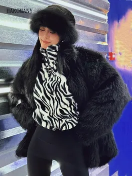Aukštos Kokybės Žiemos Juoda Atvartas Plaukuotas Gauruotas Fox Dirbtiniais Kailių Paltai Moterims ilgomis rankovėmis Pūkuotas Kailio Šilta Striukė Trumpas Outwear