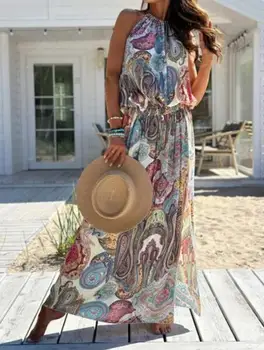 Paplūdimio Atostogų Elegantiškas Suknelės Moterims 2023 Vasarą Naujas Mados Stilius, Seksualus, be Rankovių Prarasti Juosmens Sumažinti Spausdinimo Suknelė Paprasta Kasdien