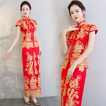 Tradicinės Kinų Nuotaka Vestuvių Šalies Taurę Qipao Suknelės Bling Siuvinėjimo Dragon 