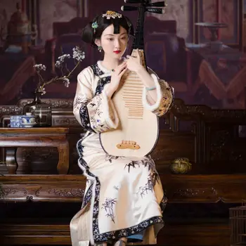 Originalus Kinijos Čing Dinastija Cheongsam Palace Suknelė Antikvariniai Kailio Apykakle Abrikosų Siuvinėjimo Žiemos Sutirštės Šilko Qipao Vestido