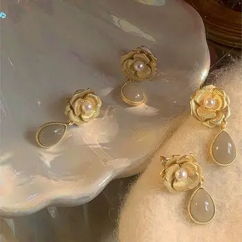Mados Korėjos Stiliaus Moterų, Mergaičių Derliaus Camellia Opal Auskarai Elegantiškas Warterdrop Tabaluoti Auskarai Papuošalai Ausies Žiedai Lady