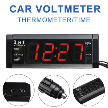 12V 3 In 1 Automobilis LED Voltmeter Termometras Laikrodis + LED Laikrodis Skaitmeninis Displėjus, Laikmatis Voltmeter Interjero Elektronikos Priedai