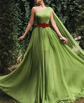 Žalia Maroko Musulmonų Vakaro Suknelės-line Vieną petį Šifono Ilgai Prabangių Turkija Dubajus, Saudo Arabija, Prom Dress Suknelė