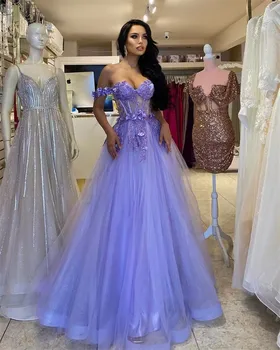 Alyvinė Prom Dresses Elegantiškas Off Peties Nėrinių Aplikacijos Gėlių Glitters Tiulio Blizgančių Ilgai Valyti Traukinio Prom Chalatai Oficialų Šalis