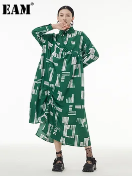 [EAM] Moterys Žalia Spausdinti didelio Dydžio, Netaisyklingos Plisuotos Marškinėliai Suknelė Naują Atvartas ilgomis Rankovėmis Mados Banga Pavasario Rudens 2023 1DF0990