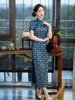 Yourqipao Vasaros Ilgas Plonas Šilko Mėlyna Cheongsam Podiumo Pokylių Elegantiškas Qipao Tradicinę Kinų Stiliaus Vakaras Suknelė Moterims