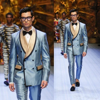 Naujausias Mėlyna Dvigubo Breasted Jaunikis Tuxedos Dviejų dalių Vyrai Dizaineris Kostiumai pagal Užsakymą Pagaminti Slim Fit Tiktų Vestuvėms Geriausią Vyro Kostiumai