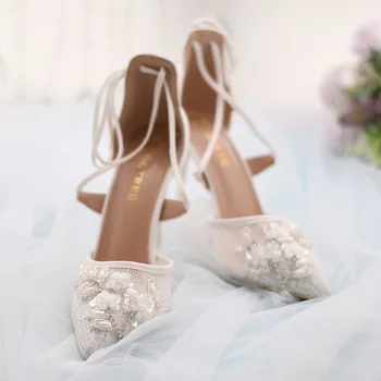 Pavasario ir vasaros naujų nėrinių akių nuotaka vestuvių bateliai, suknelė stiletto sandalai pažymėjo tne didelio dydžio užsakymą moterys vieną batai