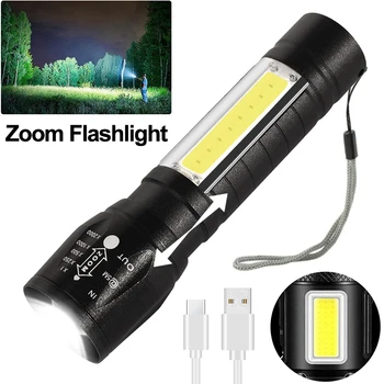 Nešiojamų Mini Zoom Fotoblykstės XPE COB Stiprios Šviesos Taktinis Žibintuvėlis USB Įkraunamas LED Žibintuvėlis atsparus Vandeniui Žibintų Lempos