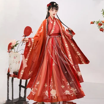 Original Song Dinastija Hanfu Suknelė Moterims Kinijos Tradicinių Vestuvių Suknelė Elegantiškas Pasakų Raudonos, Žalios Spausdinti Šokių Aprangą 3PCS