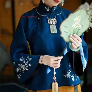 2023 moterų vintage palaidinė nacionalinės gėlių siuvinėjimas satino qipao tradicinis moterų hanfu viršūnes rytų arbatos paslaugų hanfu marškinėliai