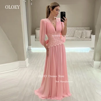 OLOEY Elegantiškas Blush Pink Šifono Vakaro Suknelės Sluoksniuotos ilgomis Rankovėmis V-Kaklo, Nėriniai Juosmens arabų Moterų Prom Chalatai Nuotaka Oficialų Šalis