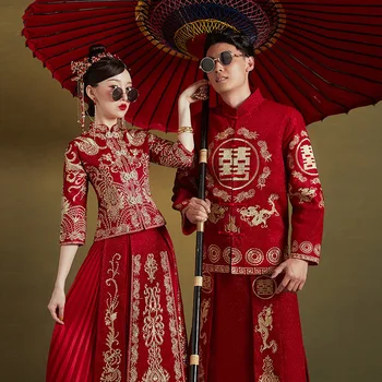 Pora Raudona Vakare Gown Skraiste, Kinų Tradicinė Nuotaka Drabužių, Siuvinėjimas Vestuvių Suknelė Moteris Vyras Suknelė Cheongsam