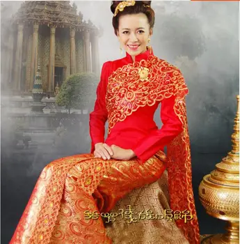 Tailandas Tradicinių Vestuvių Suknelė Raudona Moterų Drabužių Raudona Siuvinėjimo Pavasario Dai Derliaus Pietryčių Azijoje