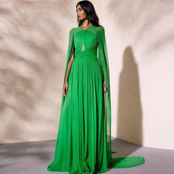 Žalia Šifono Paprastas Elegantiškas Plisuotos Ilgai Žaliojo Vakarinę Suknelę Prabanga Kuklus Prom Šalis Suknelė Grindų Ilgis Dubajus Arabų Moterų Apdaras