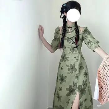 2023 kinų tradicinė gėlių qipao Rašalo spausdinimo pagerėjo cheongsam rytų vidurio ilgis vasaros suknelė tuščiaviduriai iš qipao suknelė