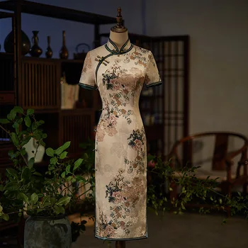 Vasaros Tradicinę Kinų Mandarinų Apykaklės Gėlių Spausdinti Satino Moterų Qipao Elegantiškas Trumpas Rankovės Rankų Darbo Mygtuką Cheongsam