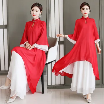 2023 Vasarą Moterys 2vnt Nustatyti Kinų Stiliaus Raudona Zen Suknelė Arbata Suknelė Prarasti Pločio Kojų Kelnės Rinkiniai Kinijos Drabužiai Moterims