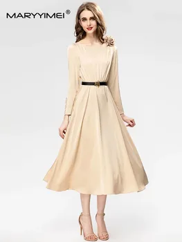 MARYYIMEI Mados Dizaineris Rudens Moterų Suknelė, Ilgas rankovėmis Aplikacijos Diržo Elegantiškas Suknelės