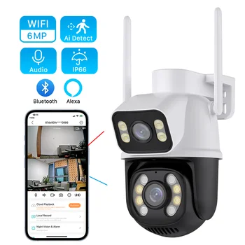 6MP 4K PTZ Kamera, Wifi, Dual Objektyvas su Dvejopo Ekrano Ai Žmogaus Aptikti Auto Belaidės Stebėjimo ir Lauko Stebėjimo Kameros iCSee App