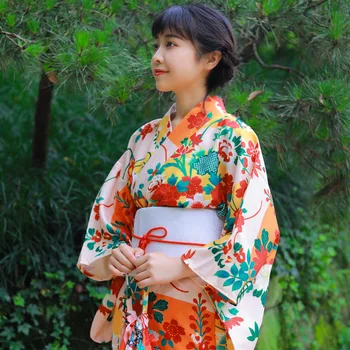 Japonų Kimono Moterų Patobulinta Versija Drabužių Ilgis 140 cm, Poliesteris Kimono Geltona Camellias