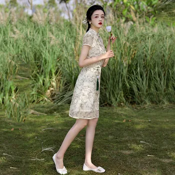 2023 Vasaros Pagerinti Jaunų Mergaičių Trumpas Cheongsam Slim Šifono Žakardo Išsiuvinėti Kinų Stiliaus Suknelė Qipao Suknelė Moterims
