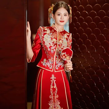 Yourqipao Moterų Nuotakos Suknelė Vestuvių Suknelės Retro Kinijos Tradicinės Xiuhe Cheongsam Suknelė Nuotaka Taurę Drabužius Ilgai Chalatai