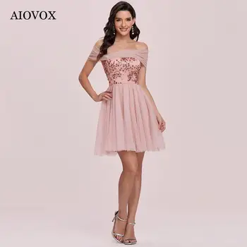 AIOVOX Formaliojo Su China Trumpas Homecoming Suknelės Tiulio Valtis Kaklo-Line Kokteilių Suknelė Klostyti Elegantiškas Vestidos De Fiesta Cortos