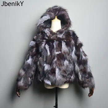Prabanga Moterų Nekilnojamojo Sidabrinės Lapės Kailinius Žiemą Šilta Natūralaus Lapės Kailio Liemenės rusijos Panele su Gobtuvu Originali Fox Fur Outerwears