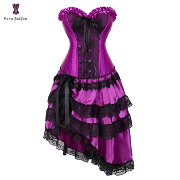 Violetinė Korsetas Suknelė Nustatyti Moterų Mados Clubwear Seksualus Corselet Bustier Viršų Ir Juodos Spalvos Nėrinių Sijonas