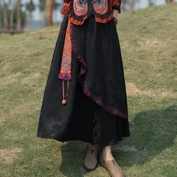2023 tradicinės kinų moteris-line sijonas gėlių siuvinėjimas derliaus kutas satino harajuku rytų moterų nacionalinės ilgas sijonas